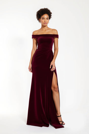 Burgundy Velvet Off The Shoulder Formal Dress with Slit